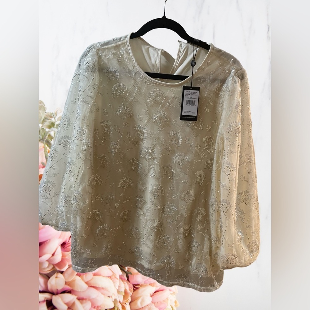 Adrianna Papell Ivory Beaded Sheer Sleeve Blouse